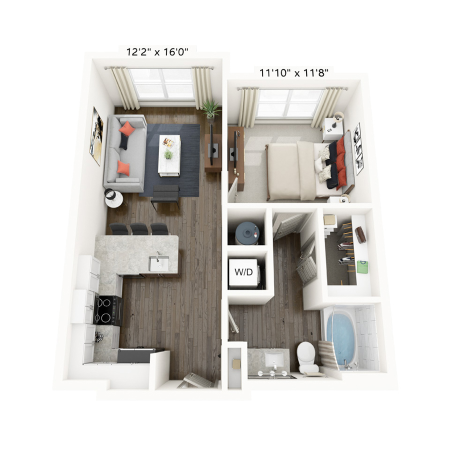 Rendering of the Dallas floor plan with 1 bedroom[s] and 1 bathroom[s] at Griffis Frisco