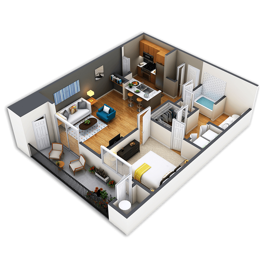 Rendering of the Champa Platinum floor plan with 1 bedroom[s] and 1 bathroom[s] at Griffis Fitzsimons South