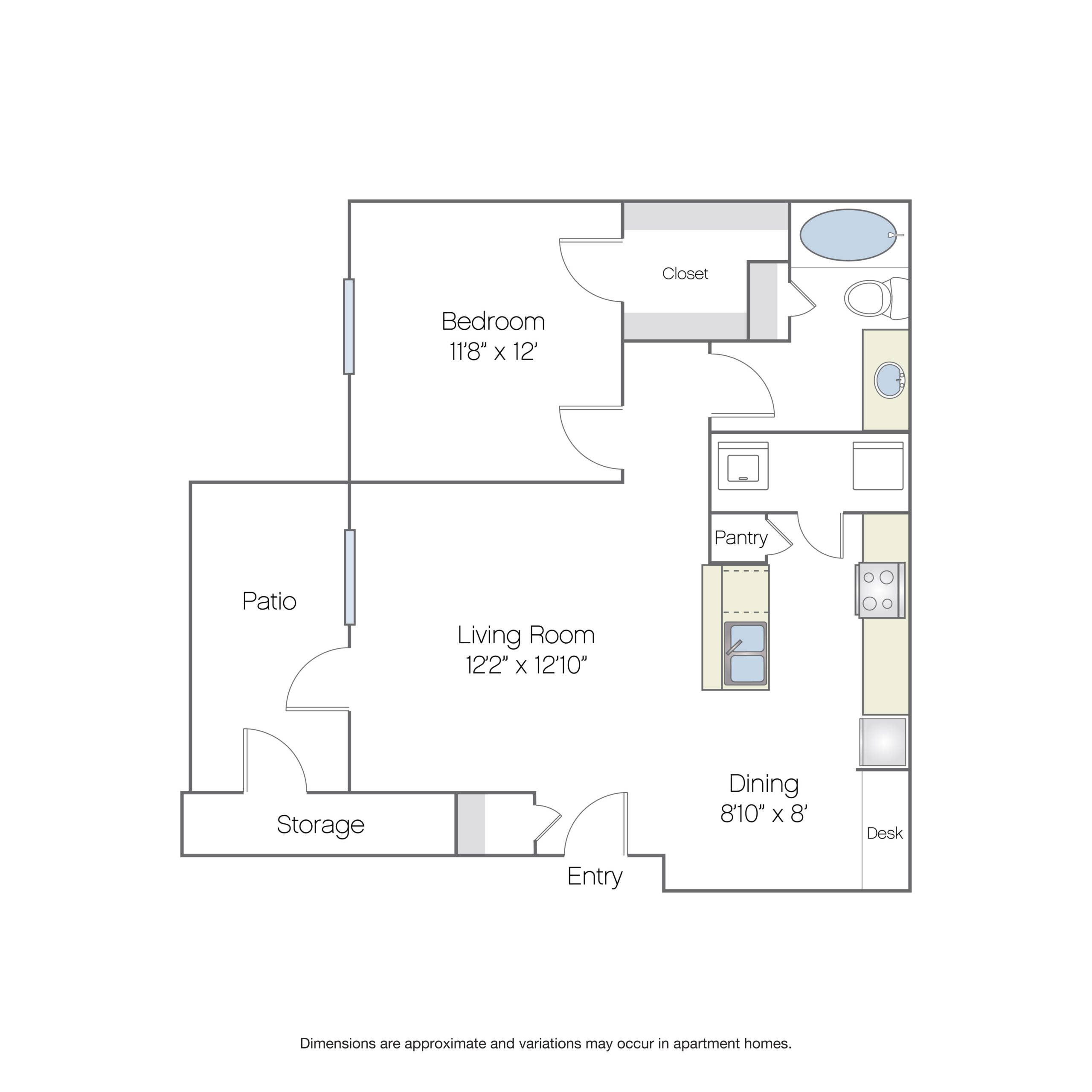 Rendering of the A1 floor plan with 1 bedroom[s] and 1 bathroom[s] at Griffis North Creek