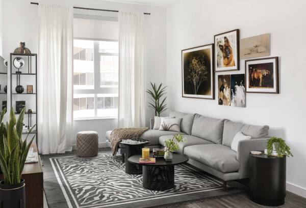 Griffis Cherry Creek North apartment living room with wood style floor.