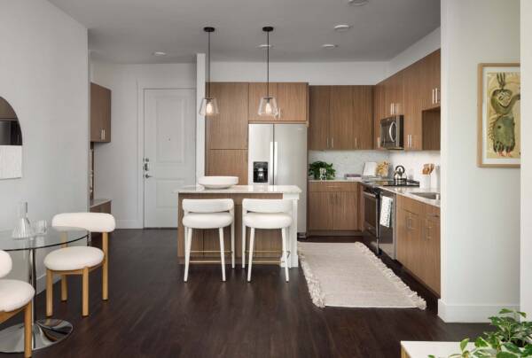 Griffis Oak Lawn apartment kitchen with wood style floor and stainless steel appliances.