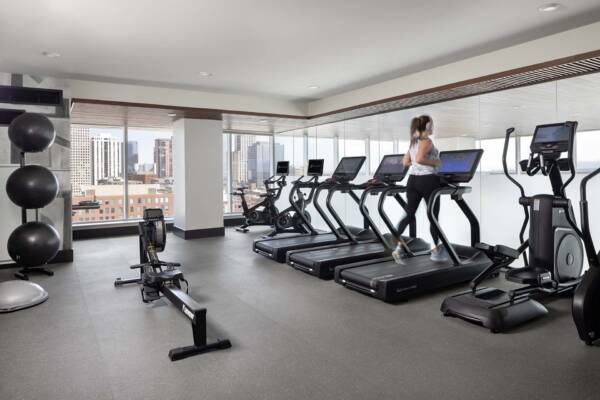 Apartment community 24-hour fitness center at Griffis Platform Union Station in Denver, CO