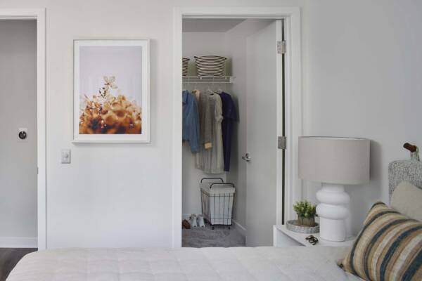 Spacious apartment bedroom with large closet.
