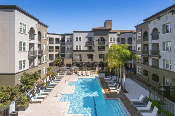 Year-round Resort Style Pool with Cabanas at Griffis South Bay in Milpitas, CA.